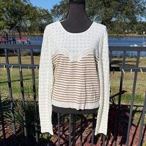 Mauve by Anthropologie Cream and Brown Striped Long Sleeve Top